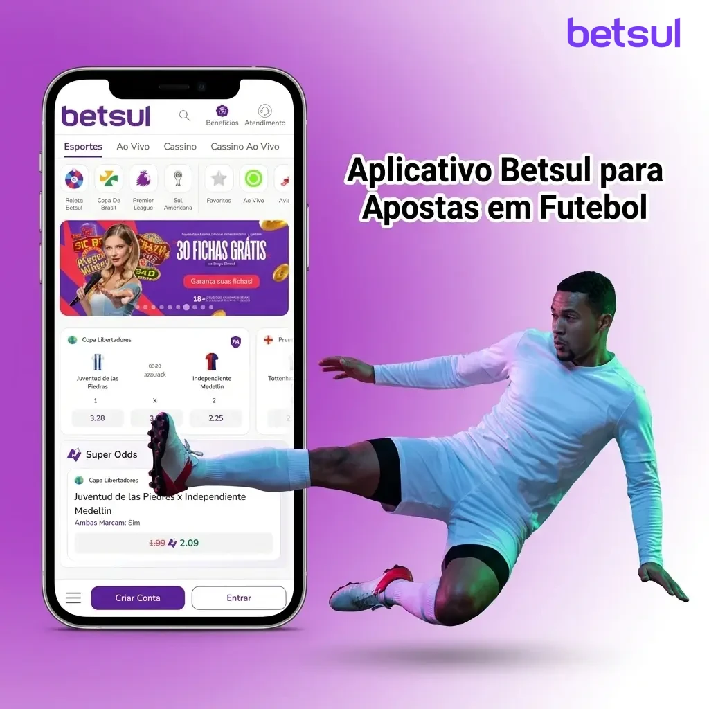 Aplicativo Betsul para apostas em futebol disponível para Android e iOS com mercados ao vivo e gerenciamento de conta