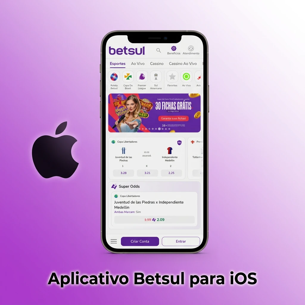 Aplicativo Betsul para iOS em iPhone, com apostas esportivas, cassino ao vivo e pagamentos via Pix disponíveis.