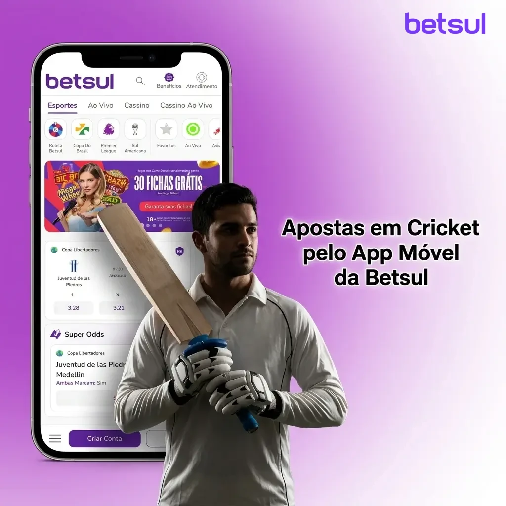 Apostas em cricket pelo app móvel da Betsul no Android e iOS com odds ao vivo e interface otimizada