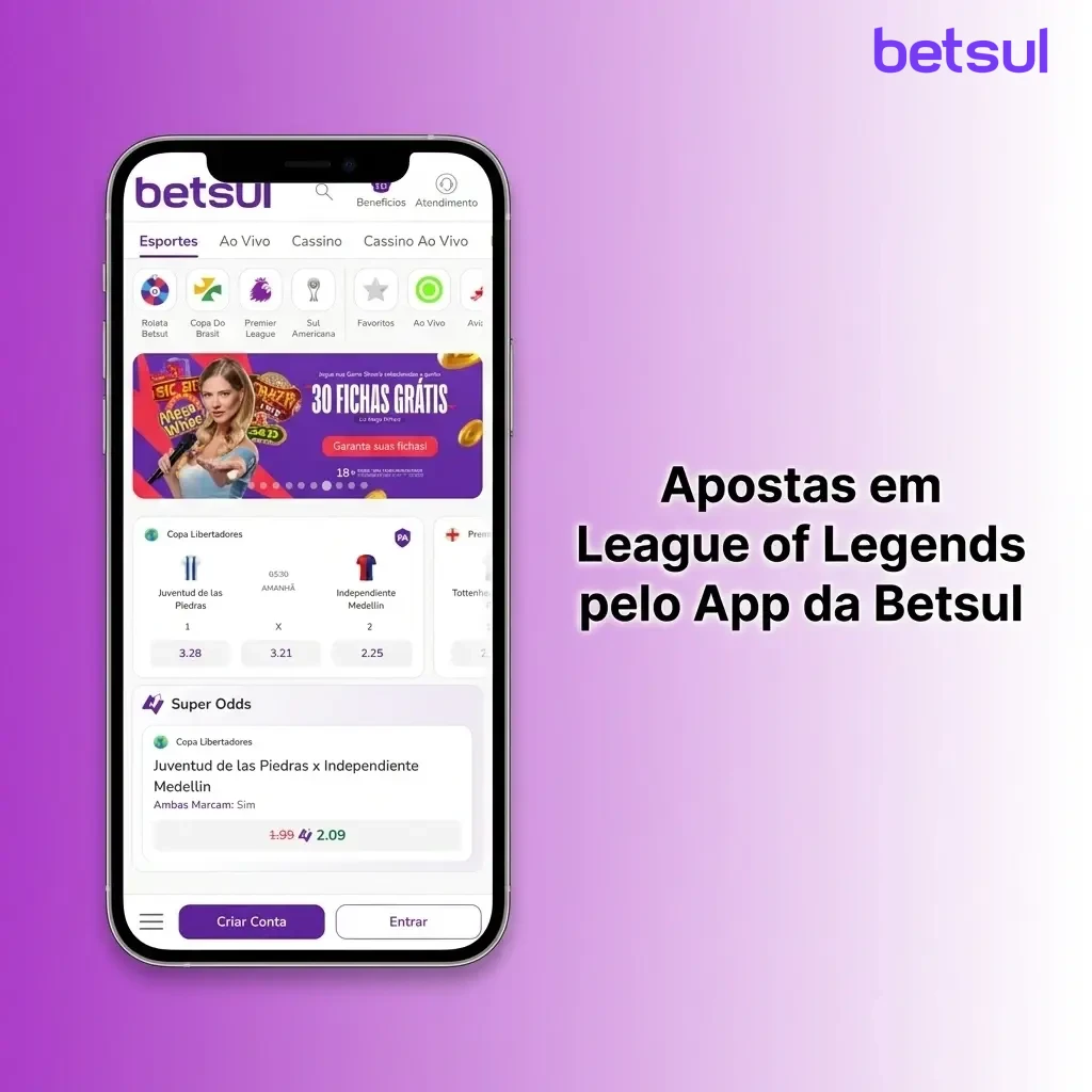 Aplicativo Betsul aberto em smartphone com apostas em League of Legends, mostrando odds e mercados de esports disponíveis