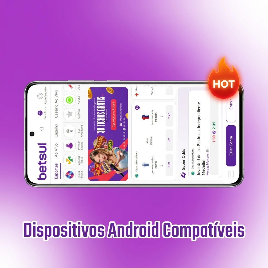 Popular Android devices compatible with Betsul app including Samsung, Motorola, Xiaomi, LG, Nokia, Realme and Positivo models.