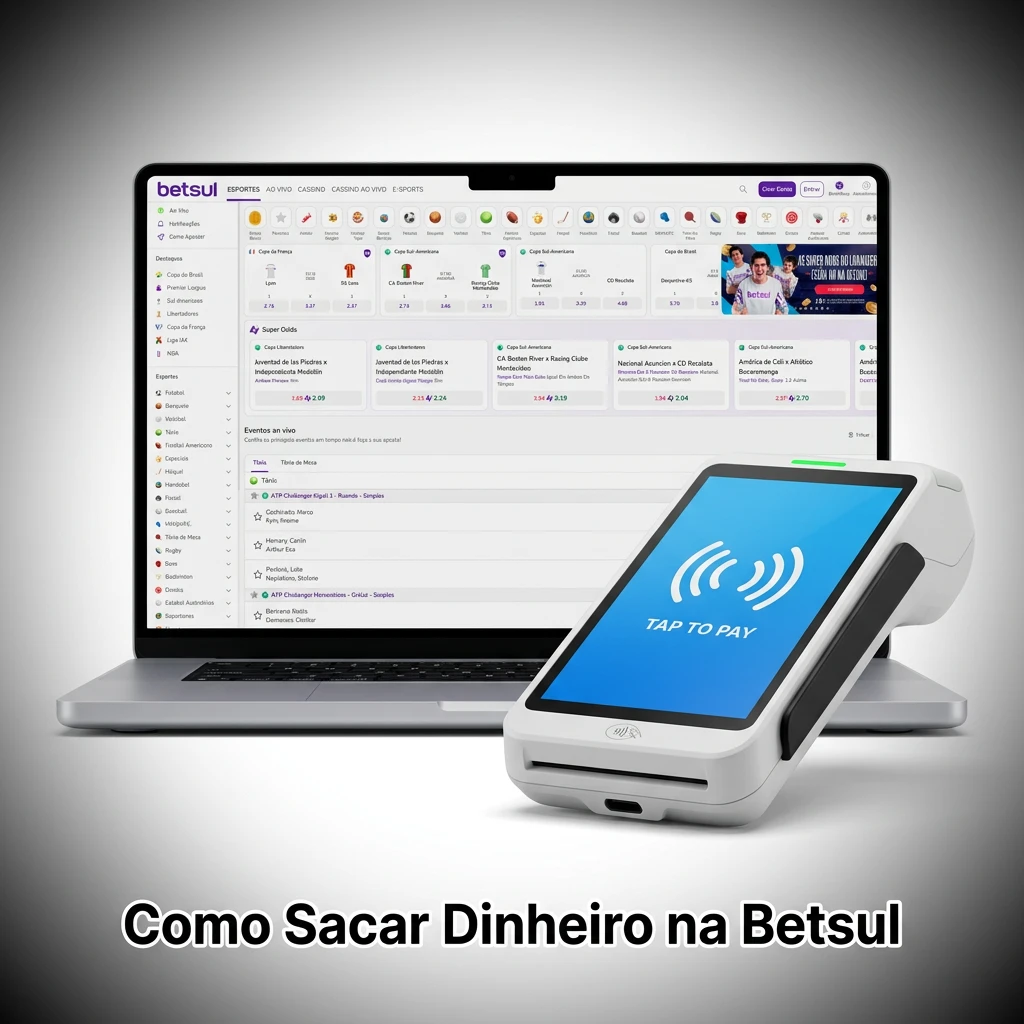 Passo a passo para sacar dinheiro na Betsul: login, painel financeiro, Pix, valor e confirmação.