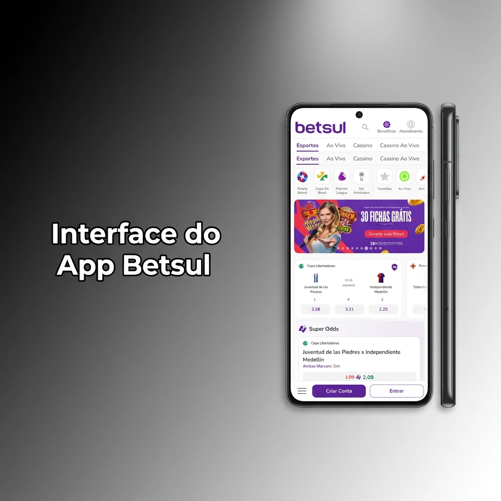 Interface do aplicativo Betsul com menus organizados, seções de apostas e opções de cassino para navegação intuitiva.