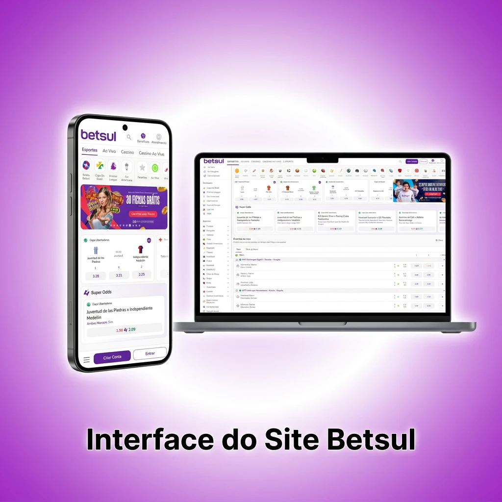 Interface do site Betsul com navegação clara, acesso rápido a Esportes, Cassino, eSports e Promoções