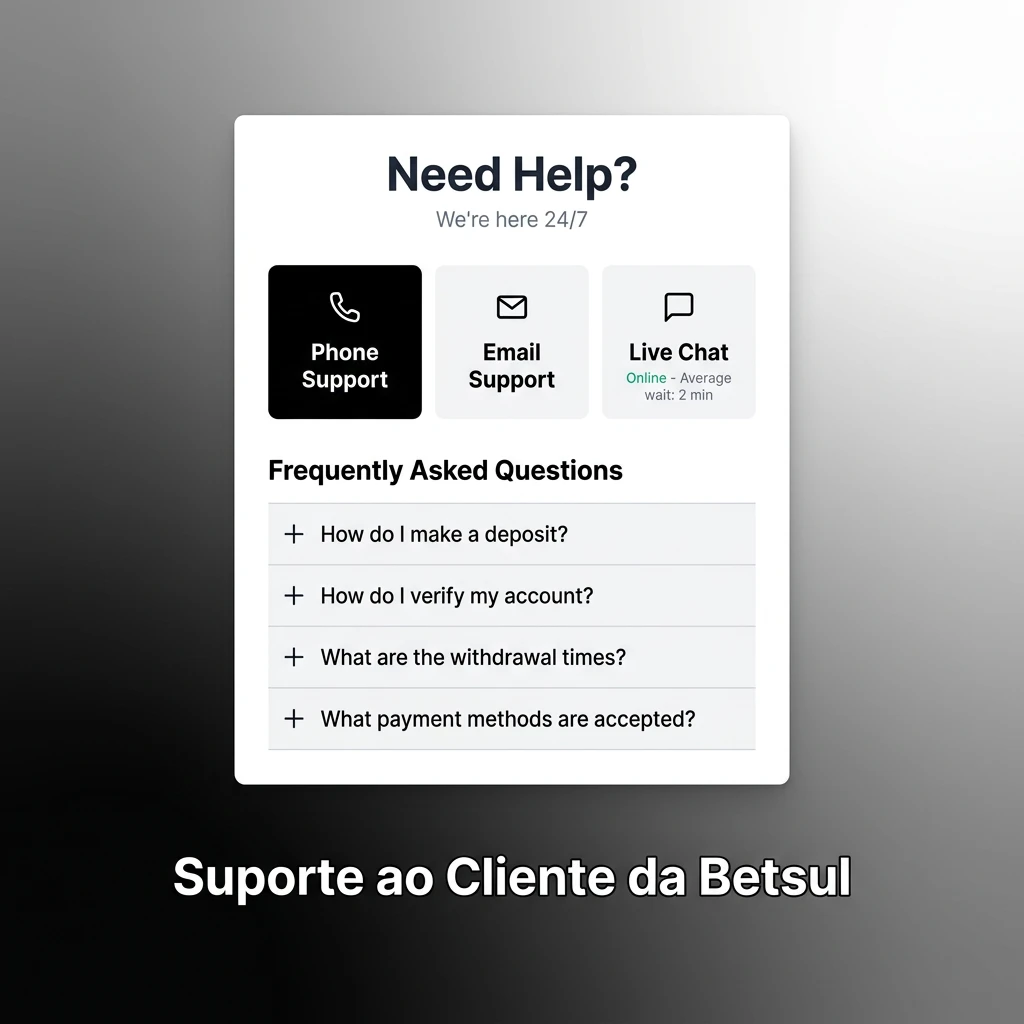 Betsul customer support options: live chat 24/7, email contact form, and help center with FAQ guides.