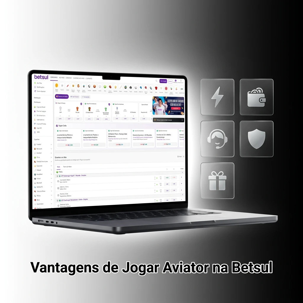 Aviator game on Betsul platform showing RTP, mobile access, demo mode, Pix payments, and Portuguese support benefits