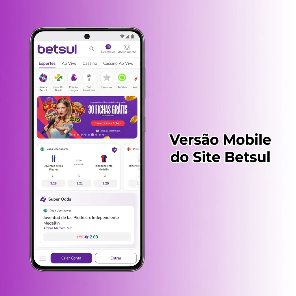 Versão mobile do site Betsul adaptada para smartphones e tablets, com apostas esportivas e cassino online.