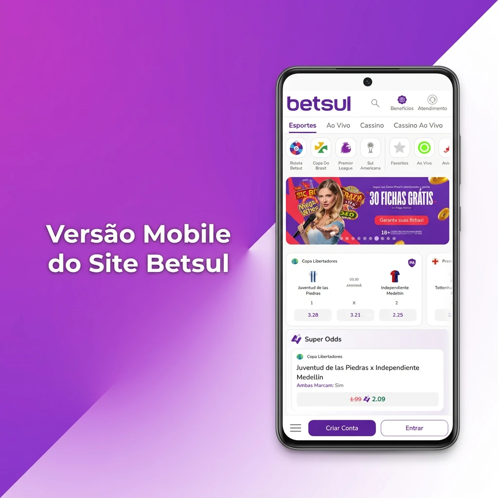Interface mobile do site Betsul no navegador do celular com layout responsivo e acesso a apostas e cassino